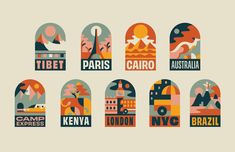 an image of different cities in the world with their name written on them and some type of architecture