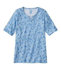 This luxuriously soft printed tunic is made from the world's finest cotton – Supima. With its easygoing style and flattering longer length, it's sure to be an everyday favorite. Slightly Fitted: Softly shapes the body. Falls at low hip. Extraordinarily soft in long-staple Supima® cotton – grown in the USA. Interlock knit for a smooth feel inside and out. Machine wash and dry. Small side slits at hem. Imported. Fit: Slightly Fitted | Women's Pima Cotton Tee, Notch-Neck Elbow-Sleeve Tunic Print Stretch Cotton Tops With Henley Neckline, Blue Henley Neckline Top For Spring, Summer Henley Neckline Top For Loungewear, Henley Neckline Summer Loungewear Top, Spring Henley Neckline Tops With Relaxed Fit, Relaxed Fit Henley Neckline Tops For Spring, Cotton Split Neck Tops For Daywear, Elbow Sleeve, Petite Women