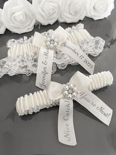 This is delicate Lace Bridal Wedding Garter Set. Graceful bows bring dimension and elegance to this romantic garter. One-of-a-kind bridal garter set for your special day. * Color: Choose your satin part color from the drop down menu.  If you would like to change the lace color, please, text us. (We offer free color samples! Just text us if you wish to receive a color sample before placing an order) * Composition * A keepsake is a garter with lace, and the other one is a toss. You are welcome to order a whole set, just a toss, just a keepsake, or two keepsakes or tosses! * Measurement * Please, type your desired leg measurement for the garter/garters in the personalization box. To measure your thigh, use a soft measuring tape and place it where you would like to wear your keepsake garter. A Personalized Wedding Garter, Custom Wedding Garter, Prom Garters, Bride Garter, Garter Toss, Bridal Garters Set, Dream Wedding Decorations, Leg Garter, Wedding Garter Set