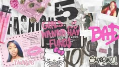 a collage of pink and black items on white paper with the number five in it