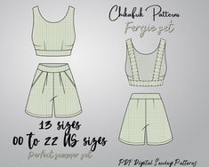 the front and back views of a women's crop top and shorts sewing pattern