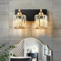 Vanity With Black Countertop, 2 Light Bathroom Vanity Light, Simple Vanity, Crystal Vanity, Crystal Bathroom, Black And Gold Bathroom, Light Fixtures Bathroom Vanity, Candelabra Chandeliers, Vanity Light Fixtures