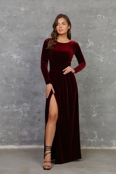 Bridesmaids Velvet Dress Deep V Back Dress High Leg Slit - Etsy Bosnia and Herzegovina Tiered Dress Formal, Round Neckline Dress, Burgundy Velvet Dress, Long Sleeve Bridesmaid Dress, Burgundy Maxi Dress, Velvet Bridesmaid Dresses, Burgundy Bridesmaid, Low Back Dresses, Dress Velvet