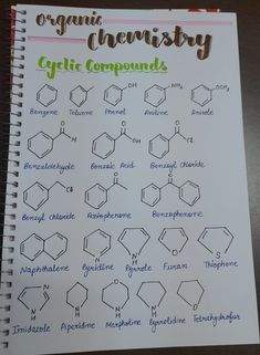 an open notebook with the names and symbols of organic compoundes written in cursive writing