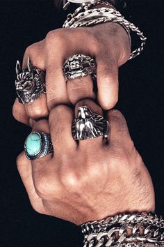 Men Wearing Rings, Wearing Rings, Biker Rings Mens, Punk Rings, Wallet Chains, Man Jewelry, Gothic Jewellery, Man Ring, Mens Rings Fashion