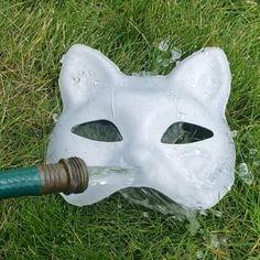 a white cat mask is being held by a green hose in the grass with water coming out of it