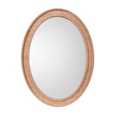 a round mirror with a wooden frame on a white background, it is made of wood