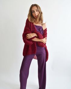 Hello, I'm the one, who won't let you down - burgundy silk mohair cardigan. I will comfort you, keep you warm and will make you smile. I'm 100% hand made and proud of that. I consist of 70% italian kid mohair and 30% of silk, which makes me incredibly natural. I'M AVAILABLE IN OTHER COLOURS I'm quite unique as could be worn all year long. I'm in one size and one size fits all because my measurements are : ❤️ Width -52 cm ❤️ Lengths -65 cm If you would like me in other size, you could request a c Knit Cardigan For Fall Parties, Knit Cardigan For Party In Fall, Fall Party Knit Cardigan, Winter Chic Purple Cardigan, Elegant Purple Winter Cardigan, Elegant Purple Fall Cardigan, Autumn Cardigan, Elegant Cardigan, Loose Knit Cardigan