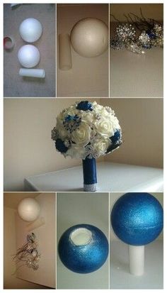 there are many different pictures of flowers in vases and balls on the table together