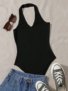 Plus Size Solid Color Halter Neck Sleeveless Bodysuit Black Casual  Sleeveless Knitted Fabric Plain Cami Medium Stretch Summer Women Plus Clothing, size features are:Bust: ,Length: ,Sleeve Length: Black Halter Bodysuit, Comfy Jumpsuits, White Fashion Casual, Halter Bodysuit, Body Outfit, Best Lingerie, Sleeveless Bodysuit, Sleeveless Jumpsuits, Lace Bodysuit