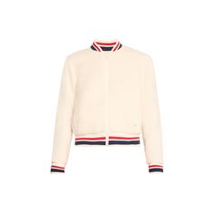 Splits59 "Willa" cozy sherpa jacket with striped ribbed trim  Baseball collar; front zipper closure Long sleeves Side pockets Mid-length Relaxed fit  Polyester Made in USA