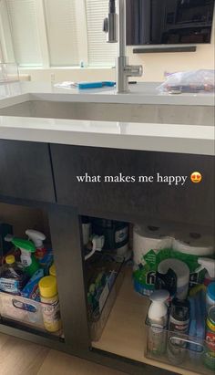 a sink with the words what makes me happy on it