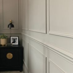 a room with white paneling and a black cabinet next to a small potted plant