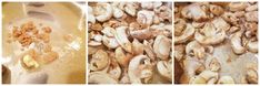 three different stages of cooking mushrooms in a pan and then being stirred with water to make mushroom soup