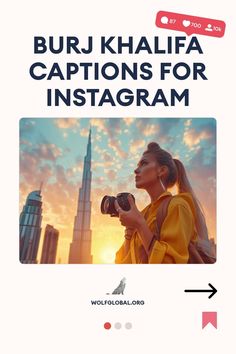 A woman with a camera stands before the Burj Khalifa at sunset, with Instagram engagement icons and the text "BURJ KHALIFA CAPTIONS FOR INSTAGRAM" displayed above.
Graphic with checklist of catchy phrases about experiences at the Burj Khalifa, advertising more content.
A woman with a laptop surrounded by social media engagement symbols, advertising an Instagram pod. Burj Khalifa Captions For Instagram, Dubai Post Caption, Burj Khalifa Instagram, Top Of Burj Khalifa, Burj Khalifa Night View, View From Burj Khalifa, Dubai Style, Chasing Sunsets, Perfect Captions