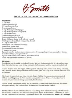 RECIPE OF THE DAY – CRAB AND SHRIMP ETOUFEE Crab And Shrimp, Southern Culture, Chile Pepper, Cajun Recipes, Southern Cooking, Green Bell Peppers, Chopped Onions, Daily Meals, Recipe Of The Day