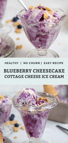 blueberry cheesecake cottage cheese ice cream is in a glass dish with a spoon