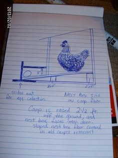 a piece of paper with writing on it and a drawing of a chicken in a box