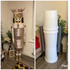 two pictures of the same statue in different stages of being painted white and then decorated with gold accents