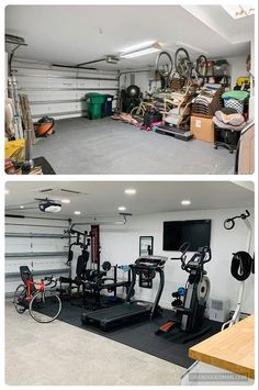 there are two pictures of the inside of a garage with bikes and other things in it