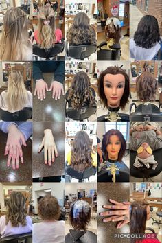 many different images of hair and manicures on mannequin's heads