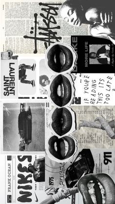 a collage of black and white photos with various things on top of each other