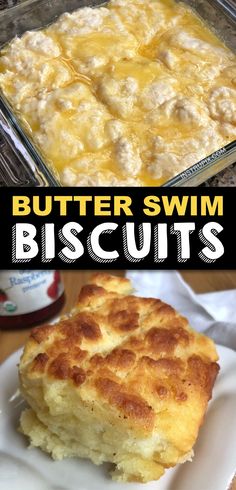 butter swim biscuits in a baking dish and on a plate