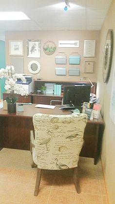 a chair sitting in front of a wooden desk