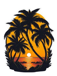 a sunset with palm trees and the sun in the distance, on a white background