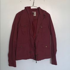 So Cute And Never Worn! Very Comfy; No Damage Casual Red Hooded Jacket For Spring, Red Cotton Hooded Jacket For Spring, Red Long Sleeve Hooded Jacket For Spring, Red Hooded Jacket For Spring, Casual Burgundy Outerwear With Pockets, Black Utility Jacket, Bow Back Top, Heart Blouse, Green Utility Jacket