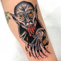 Old School Horror Tattoo, Big Tattoo Cover Up, Spooky American Traditional Tattoo, Classic Monsters Tattoo, Trad Horror Tattoo, Creepy Traditional Tattoo, Trad Vampire Tattoo, Neo Traditional Flash, Traditional Bat Tattoo