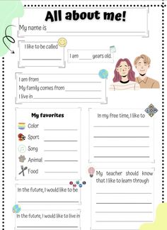 an all about me worksheet for kids with pictures and text on the page