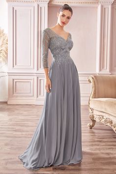 Cinderella Divine CD0171 is a Flowy chiffon a-line gown with three-quarter sleeves and trickle embellished bodice. SIZE XS SM M LG XL XXL 3XL BUST 32.5 34.5 36.5 39 42 46 50 WAIST 24 26 28 30.5 34 38 42 HIP 34.5 36.5 38.5 41 44.5 48.5 52.5 Long Sleeve Chiffon Dress, Modest Evening Dress, Formal Prom Dresses Long, Smoky Blue, Cinderella Divine, Prom Ball Gown, Long Sleeve Gown, Beaded Chiffon, Beautiful Evening