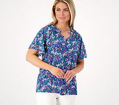 A little bit playful, a little bit polished, this printed flutter sleeve blouse adds a fabulous flourish to any outfit. From Denim & Co.® Fashions. Eyelet Shirt, Flutter Sleeve Blouse, Checked Blouse, Floral Denim, Short Sleeve Tunic, Knit Shirt, Flutter Sleeves, Embroidered Shirt, Blue Blouse