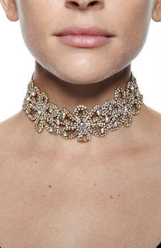 Flower links glitter with crystal details on this gold-tone choker. 8" chain length with 2" extension Lobster clasp Alloy/glass crystal Imported Choker Jewellery, Candy Collection, Crystal Choker, Glass Crystal, Fashion Accessories Jewelry, Arm Candy, Base Metal, Chain Lengths, Wedding Styles