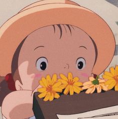 an animated image of a baby with flowers in it's mouth