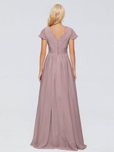 the back of a bridesmaid's dress in dusty pink, with an open v - neckline