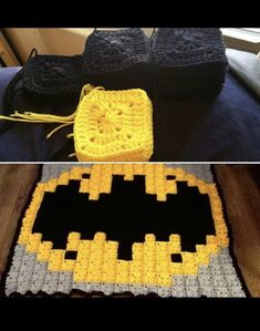 crocheted batman rugs are displayed on a bed and in front of a window