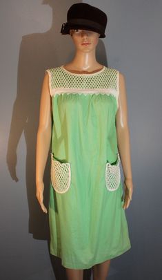 "Vintage, 1950's-1960's, handmade mint green and white sleeveless summer dress. Gently washed and worn appearance. Contains one small stain on back, best visible in the last two photos. In overall good condition. Women's Small Length, 38\" Underarm to underarm, 18\"" 1950s Style Sleeveless Green Dress, Green Vintage Style Dress For Summer, Sleeveless Cotton Vintage Sundress, Green Vintage Dress For Summer, Summer Sleeveless Vintage Dress, Vintage Cotton Sleeveless Sundress, 1950s Style Green Vintage Dress For Spring, Green Sleeveless Retro Vintage Dress, Green Summer Dress For Vintage Fashion