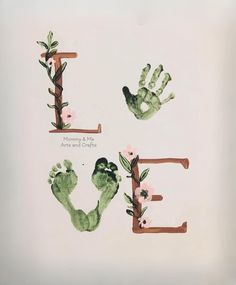 the letter e is made with handprints of two hands and flowers on it