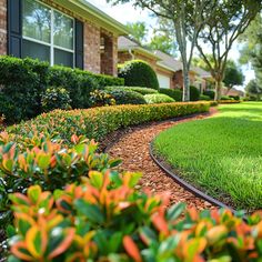 a garden with green grass and bushes next to a house