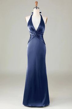 Taupe Sheath Halter Satin Long Bridesmaid Dress – Taooobao Open Back Evening Gown, Dark Navy Bridesmaid Dresses, Prom Dress Inspo, Pretty Prom Dresses, Satin Bridesmaid Dresses, Sophisticated Dress