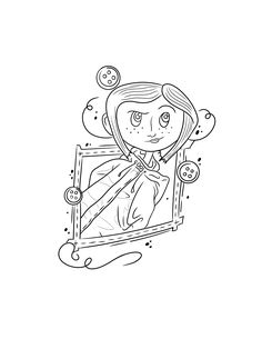 a black and white drawing of a girl holding a mirror with bubbles coming out of it