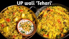 two pans filled with different types of food on top of each other and the words up wait tehari above them