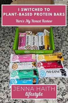 a box full of chocolate bars with the words, i switched to plant - based protein bars here's my honest review