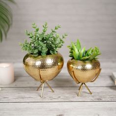 two gold vases with plants in them on a table