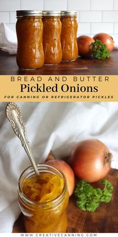 three jars filled with pickled onions sitting on top of a wooden cutting board next to onion slices