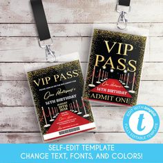 two ticket holders with the words,'self - editt template change text, font and colors '