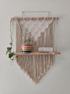 a potted plant sitting on top of a shelf next to a macrame wall hanging