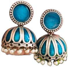 Blue Meenakari Jhumkas For Wedding, Blue Chandbali Jhumkas For Diwali, Blue Tilla Chandbalis For Diwali, Blue Tilla Jhumkas For Festivals, Blue Earrings With Cutdana For Diwali, Blue Jhumkas For Festive Occasions, Blue Jhumkas With Tilla For Festivals, Blue Chandbali Jhumkas With Latkans, Blue Jhumkas With Latkans For Diwali